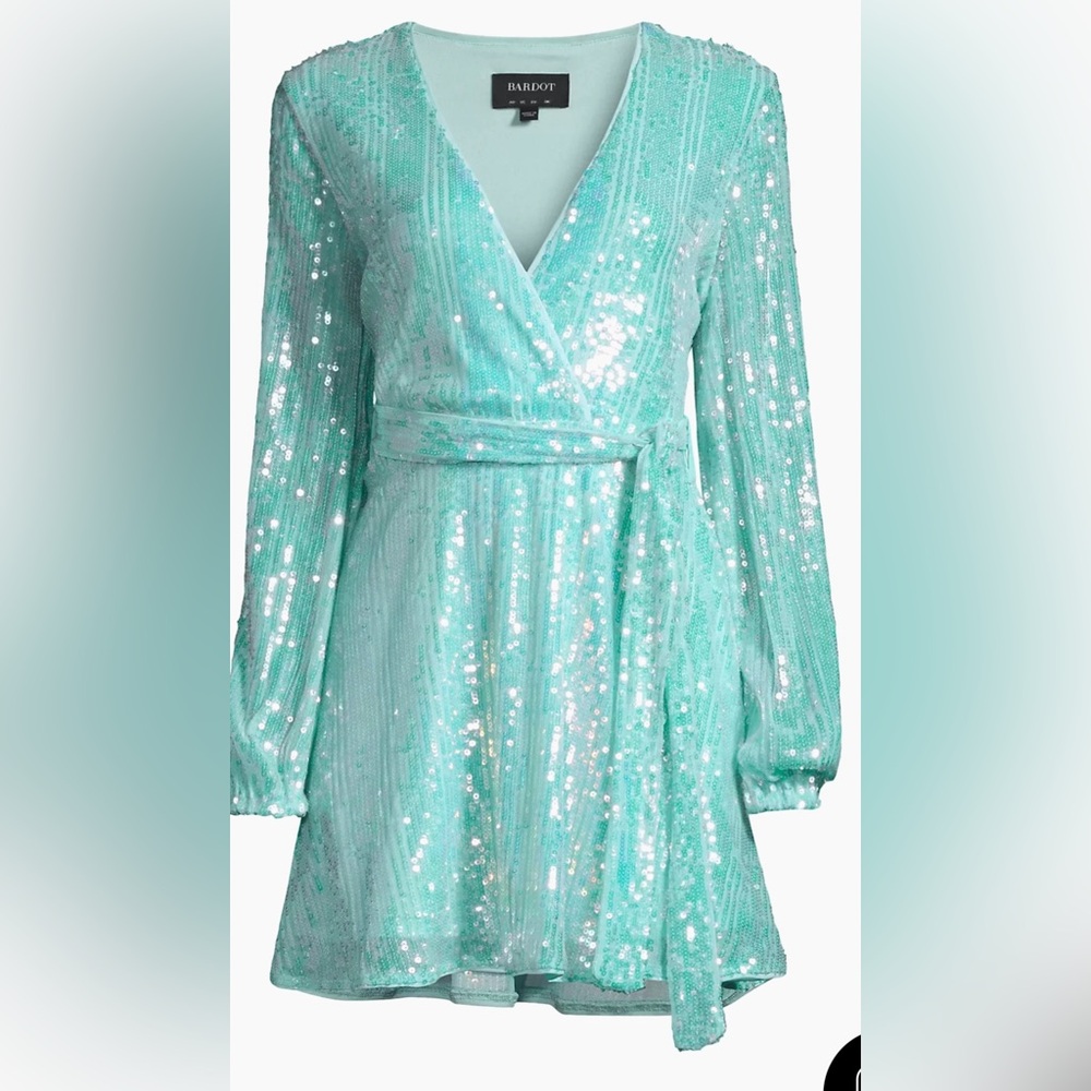 Bardot Green Sequin Wrap Dress with Long Bishop Sleeves for Cocktail